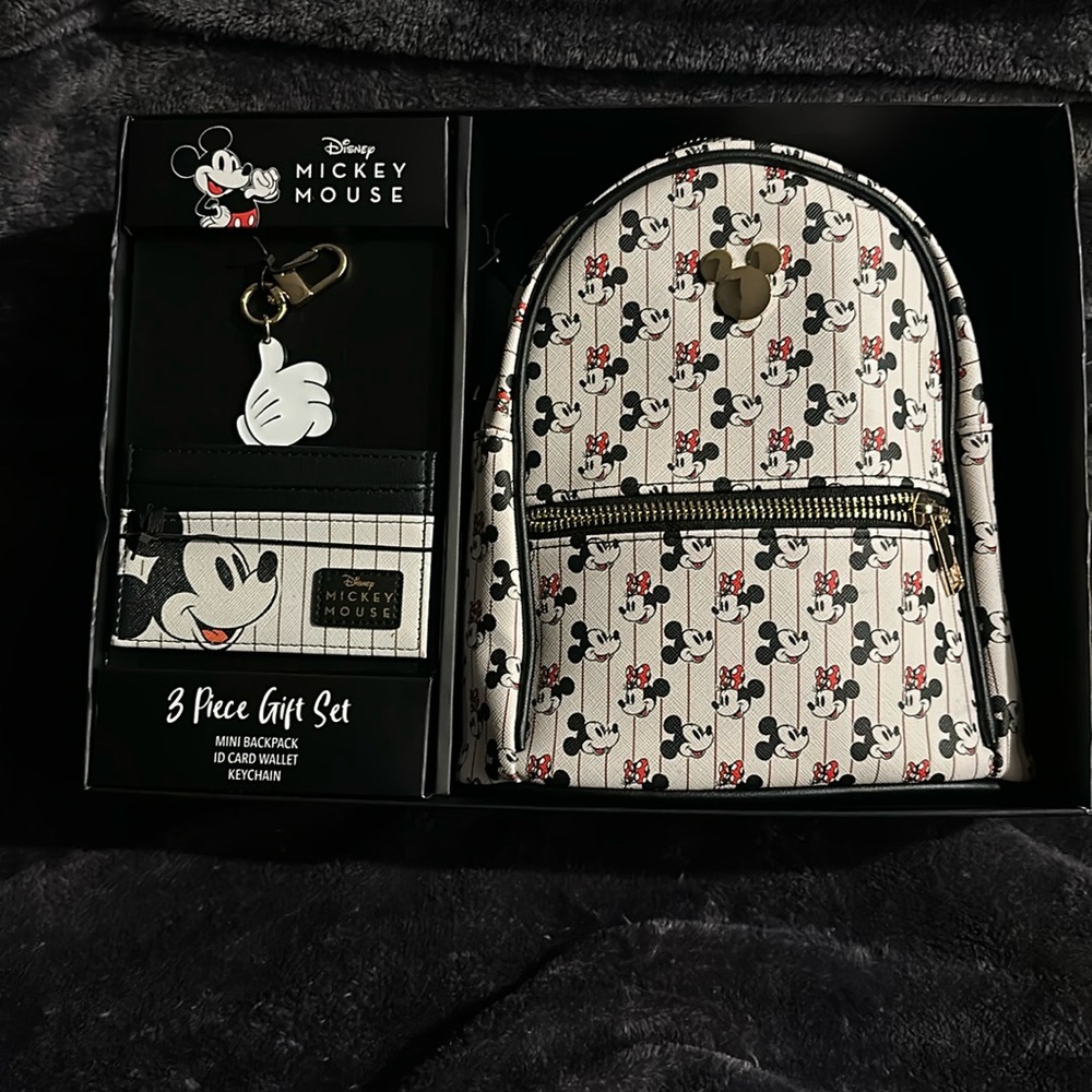 Minnie and Mickey Mouse Mini Backpack Purse w/ Card Holder & Key Chain Gift Set